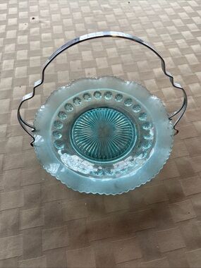 Vintage Aqua Glass Basket with Silver-Tone Handle